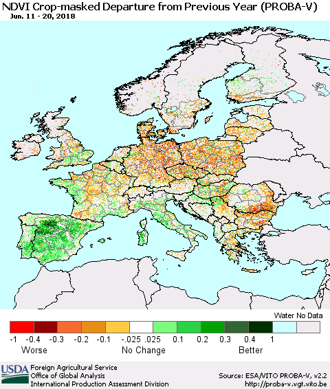 Europe NDVI Crop-masked Departure from Previous Year (PROBA-V) Thematic Map For 6/11/2018 - 6/20/2018