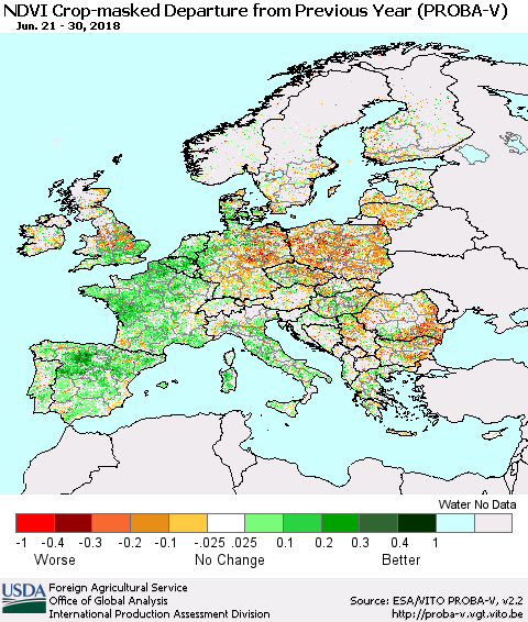 Europe NDVI Crop-masked Departure from Previous Year (PROBA-V) Thematic Map For 6/21/2018 - 6/30/2018