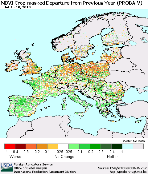 Europe NDVI Crop-masked Departure from Previous Year (PROBA-V) Thematic Map For 7/1/2018 - 7/10/2018