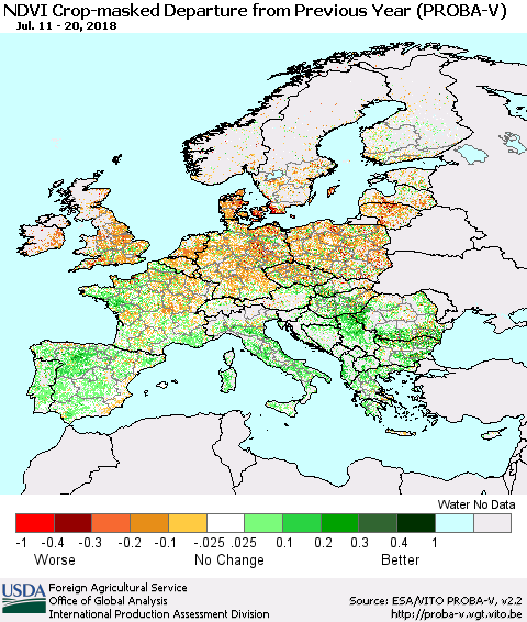Europe NDVI Crop-masked Departure from Previous Year (PROBA-V) Thematic Map For 7/11/2018 - 7/20/2018