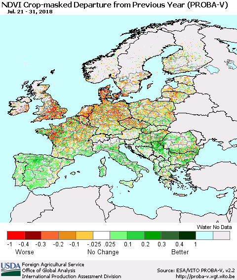 Europe NDVI Crop-masked Departure from Previous Year (PROBA-V) Thematic Map For 7/21/2018 - 7/31/2018