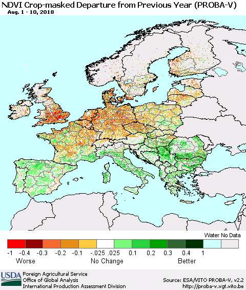 Europe NDVI Crop-masked Departure from Previous Year (PROBA-V) Thematic Map For 8/1/2018 - 8/10/2018