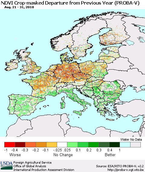 Europe NDVI Crop-masked Departure from Previous Year (PROBA-V) Thematic Map For 8/21/2018 - 8/31/2018