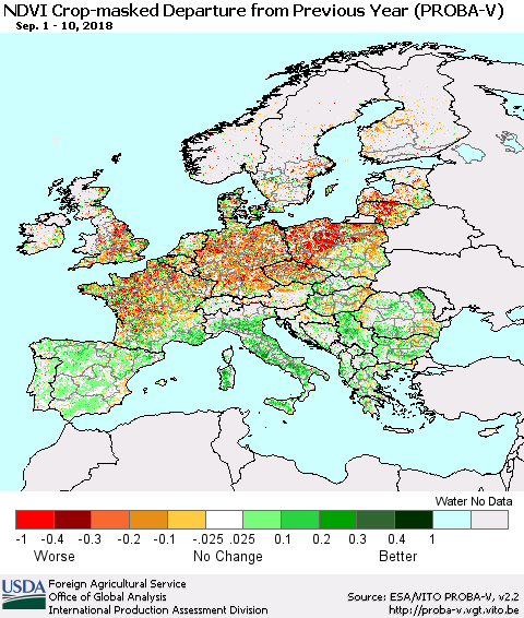 Europe NDVI Crop-masked Departure from Previous Year (PROBA-V) Thematic Map For 9/1/2018 - 9/10/2018