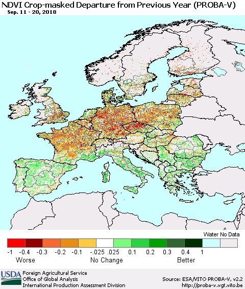 Europe NDVI Crop-masked Departure from Previous Year (PROBA-V) Thematic Map For 9/11/2018 - 9/20/2018