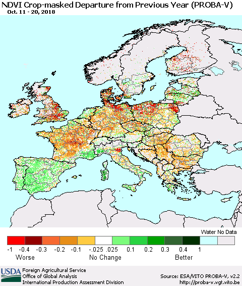 Europe NDVI Crop-masked Departure from Previous Year (PROBA-V) Thematic Map For 10/11/2018 - 10/20/2018
