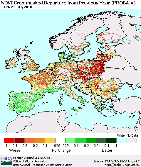 Europe NDVI Crop-masked Departure from Previous Year (PROBA-V) Thematic Map For 10/21/2018 - 10/31/2018