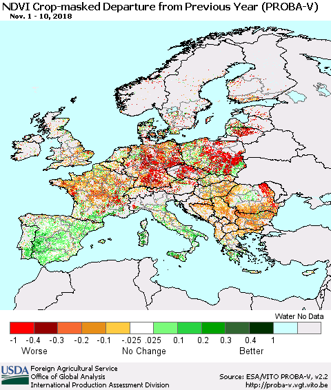 Europe NDVI Crop-masked Departure from Previous Year (PROBA-V) Thematic Map For 11/1/2018 - 11/10/2018