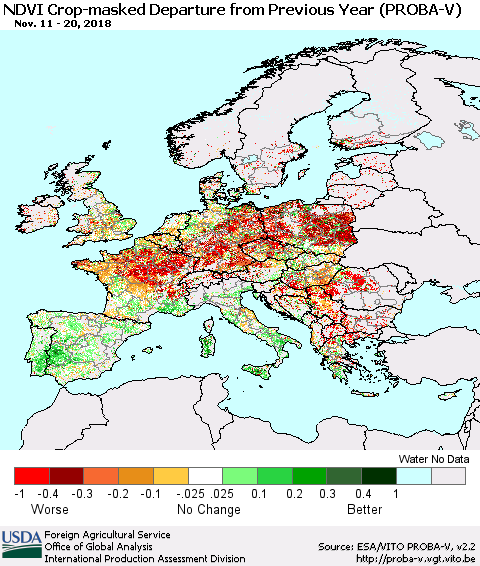 Europe NDVI Crop-masked Departure from Previous Year (PROBA-V) Thematic Map For 11/11/2018 - 11/20/2018