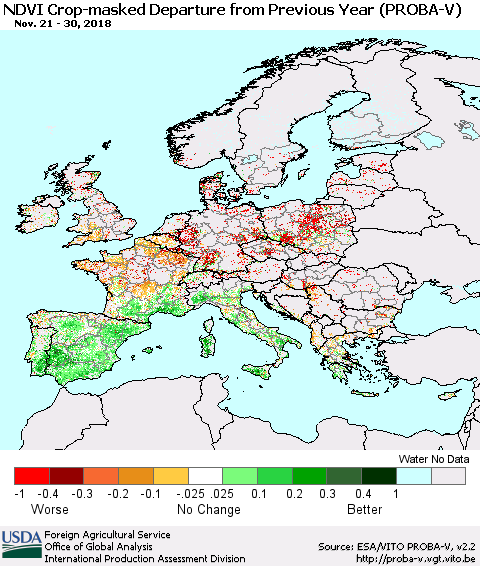 Europe NDVI Crop-masked Departure from Previous Year (PROBA-V) Thematic Map For 11/21/2018 - 11/30/2018