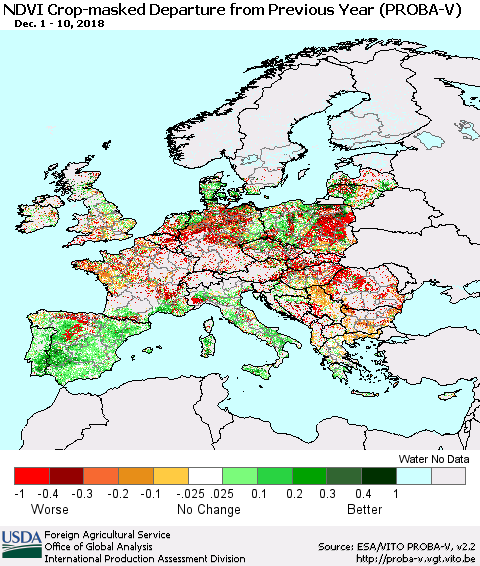 Europe NDVI Crop-masked Departure from Previous Year (PROBA-V) Thematic Map For 12/1/2018 - 12/10/2018