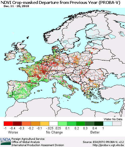 Europe NDVI Crop-masked Departure from Previous Year (PROBA-V) Thematic Map For 12/11/2018 - 12/20/2018