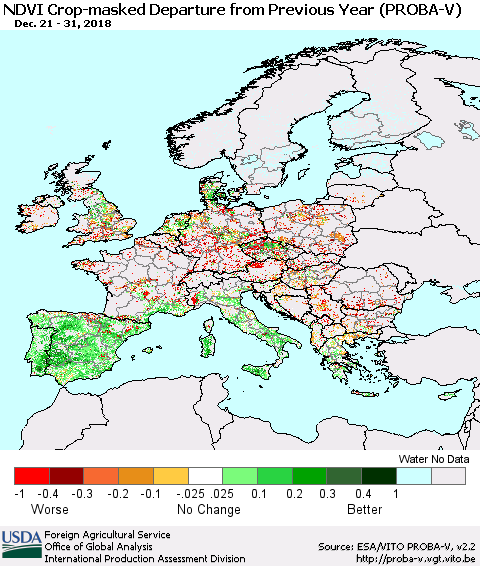 Europe NDVI Crop-masked Departure from Previous Year (PROBA-V) Thematic Map For 12/21/2018 - 12/31/2018