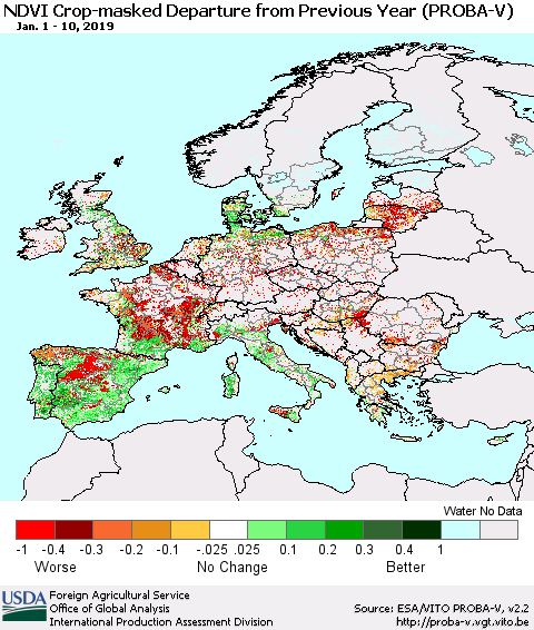 Europe NDVI Crop-masked Departure from Previous Year (PROBA-V) Thematic Map For 1/1/2019 - 1/10/2019
