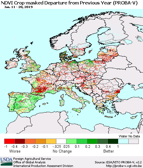 Europe NDVI Crop-masked Departure from Previous Year (PROBA-V) Thematic Map For 1/11/2019 - 1/20/2019