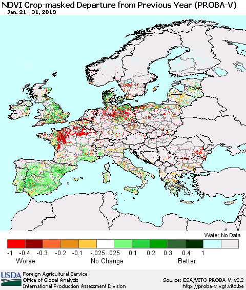 Europe NDVI Crop-masked Departure from Previous Year (PROBA-V) Thematic Map For 1/21/2019 - 1/31/2019