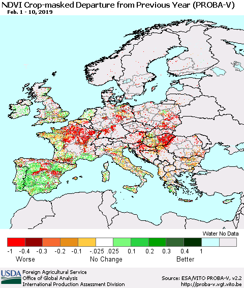 Europe NDVI Crop-masked Departure from Previous Year (PROBA-V) Thematic Map For 2/1/2019 - 2/10/2019