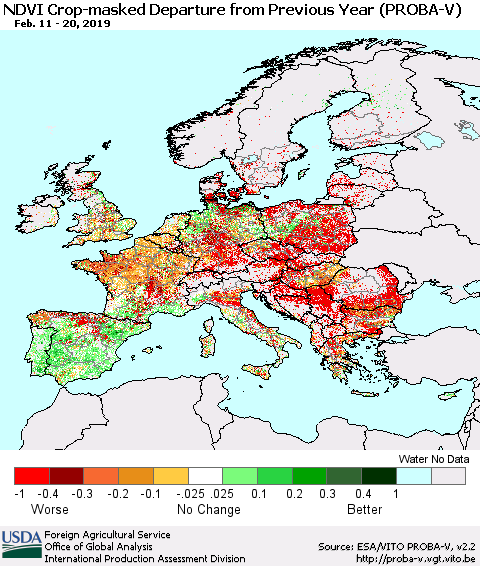 Europe NDVI Crop-masked Departure from Previous Year (PROBA-V) Thematic Map For 2/11/2019 - 2/20/2019