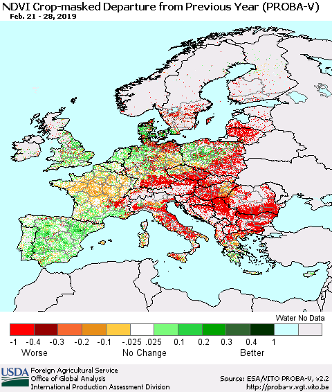 Europe NDVI Crop-masked Departure from Previous Year (PROBA-V) Thematic Map For 2/21/2019 - 2/28/2019