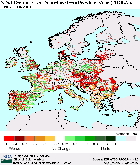 Europe NDVI Crop-masked Departure from Previous Year (PROBA-V) Thematic Map For 3/1/2019 - 3/10/2019