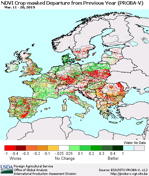 Europe NDVI Crop-masked Departure from Previous Year (PROBA-V) Thematic Map For 3/11/2019 - 3/20/2019