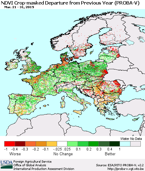 Europe NDVI Crop-masked Departure from Previous Year (PROBA-V) Thematic Map For 3/21/2019 - 3/31/2019