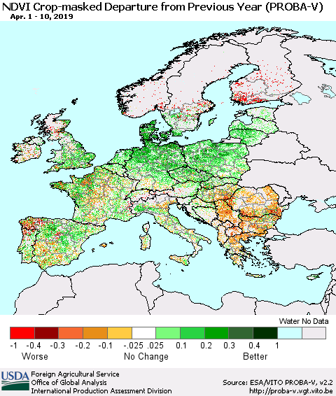 Europe NDVI Crop-masked Departure from Previous Year (PROBA-V) Thematic Map For 4/1/2019 - 4/10/2019
