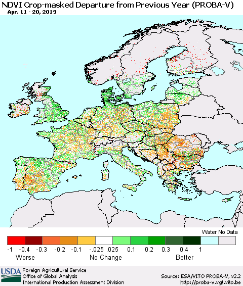 Europe NDVI Crop-masked Departure from Previous Year (PROBA-V) Thematic Map For 4/11/2019 - 4/20/2019