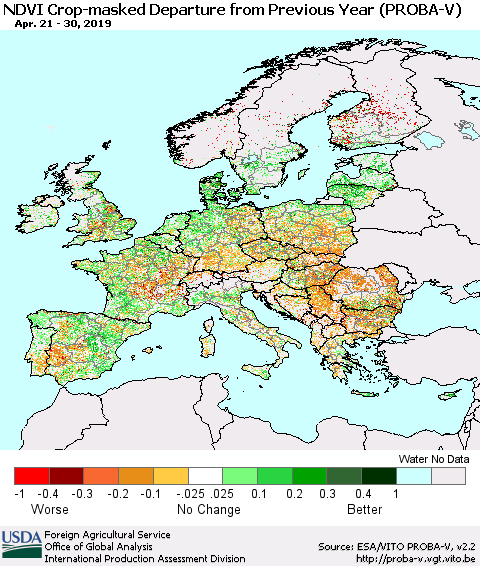 Europe NDVI Crop-masked Departure from Previous Year (PROBA-V) Thematic Map For 4/21/2019 - 4/30/2019