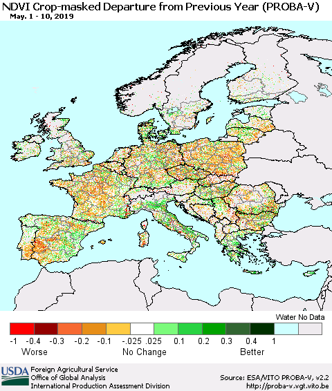 Europe NDVI Crop-masked Departure from Previous Year (PROBA-V) Thematic Map For 5/1/2019 - 5/10/2019