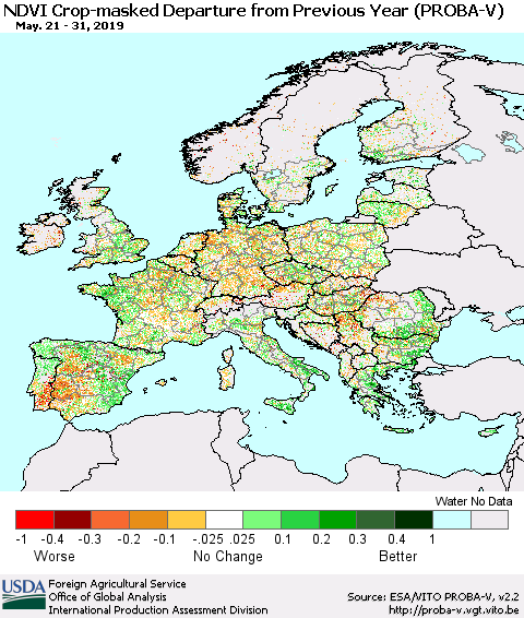 Europe NDVI Crop-masked Departure from Previous Year (PROBA-V) Thematic Map For 5/21/2019 - 5/31/2019