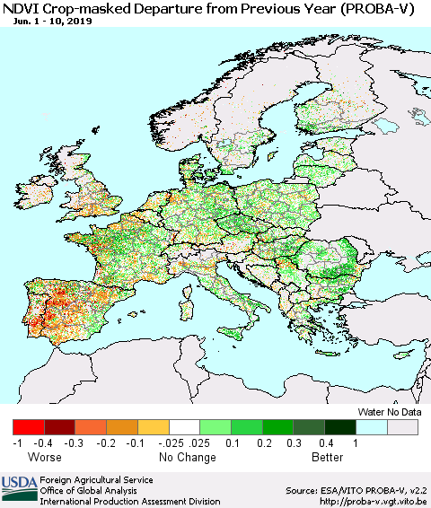 Europe NDVI Crop-masked Departure from Previous Year (PROBA-V) Thematic Map For 6/1/2019 - 6/10/2019