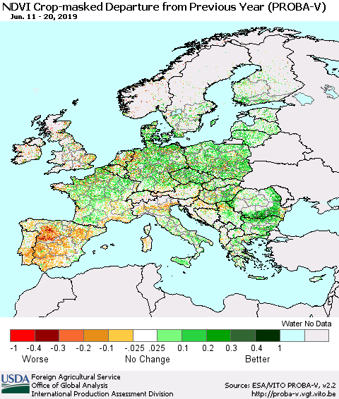 Europe NDVI Crop-masked Departure from Previous Year (PROBA-V) Thematic Map For 6/11/2019 - 6/20/2019