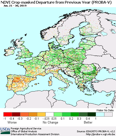 Europe NDVI Crop-masked Departure from Previous Year (PROBA-V) Thematic Map For 6/21/2019 - 6/30/2019