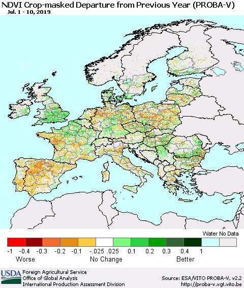 Europe NDVI Crop-masked Departure from Previous Year (PROBA-V) Thematic Map For 7/1/2019 - 7/10/2019