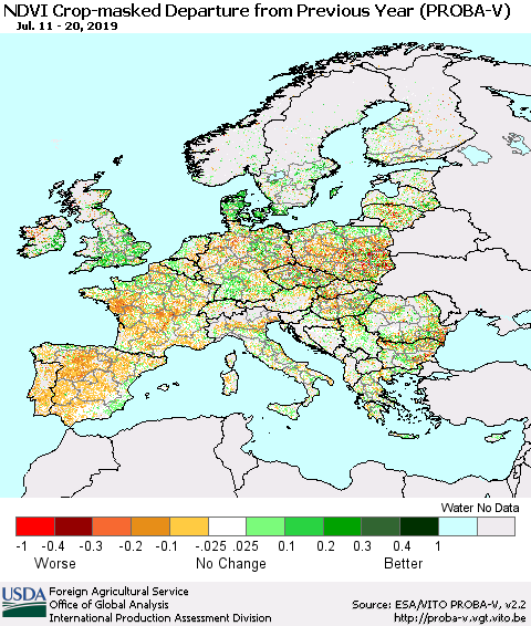 Europe NDVI Crop-masked Departure from Previous Year (PROBA-V) Thematic Map For 7/11/2019 - 7/20/2019