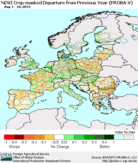 Europe NDVI Crop-masked Departure from Previous Year (PROBA-V) Thematic Map For 8/1/2019 - 8/10/2019