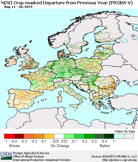 Europe NDVI Crop-masked Departure from Previous Year (PROBA-V) Thematic Map For 8/11/2019 - 8/20/2019