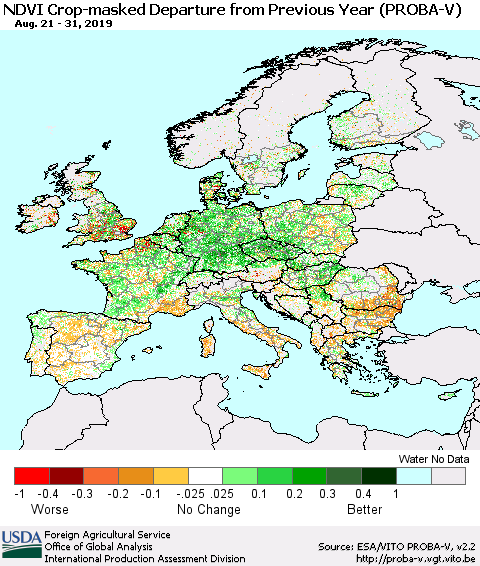 Europe NDVI Crop-masked Departure from Previous Year (PROBA-V) Thematic Map For 8/21/2019 - 8/31/2019