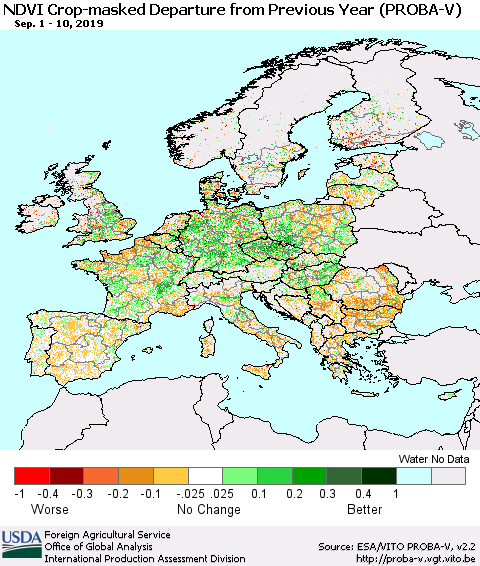 Europe NDVI Crop-masked Departure from Previous Year (PROBA-V) Thematic Map For 9/1/2019 - 9/10/2019