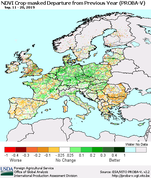 Europe NDVI Crop-masked Departure from Previous Year (PROBA-V) Thematic Map For 9/11/2019 - 9/20/2019