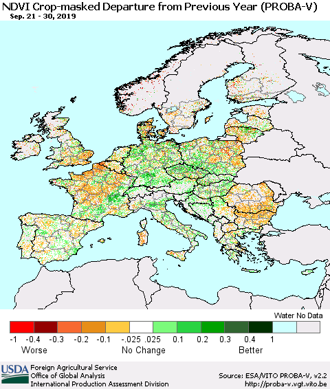Europe NDVI Crop-masked Departure from Previous Year (PROBA-V) Thematic Map For 9/21/2019 - 9/30/2019