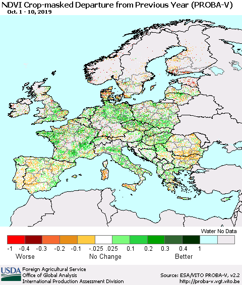 Europe NDVI Crop-masked Departure from Previous Year (PROBA-V) Thematic Map For 10/1/2019 - 10/10/2019