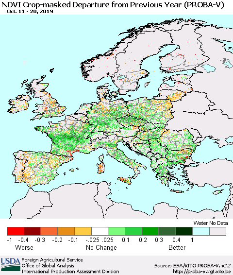Europe NDVI Crop-masked Departure from Previous Year (PROBA-V) Thematic Map For 10/11/2019 - 10/20/2019