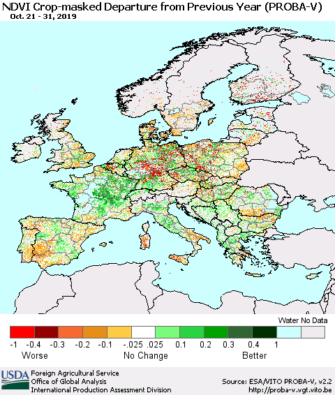 Europe NDVI Crop-masked Departure from Previous Year (PROBA-V) Thematic Map For 10/21/2019 - 10/31/2019