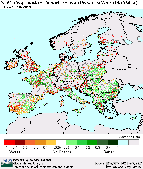 Europe NDVI Crop-masked Departure from Previous Year (PROBA-V) Thematic Map For 11/1/2019 - 11/10/2019