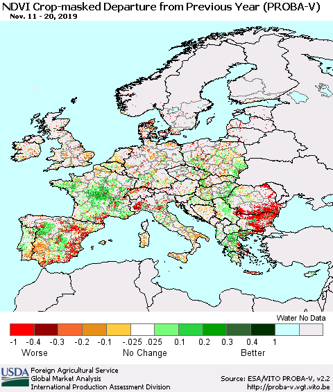 Europe NDVI Crop-masked Departure from Previous Year (PROBA-V) Thematic Map For 11/11/2019 - 11/20/2019