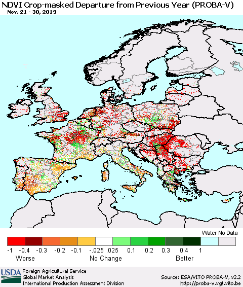 Europe NDVI Crop-masked Departure from Previous Year (PROBA-V) Thematic Map For 11/21/2019 - 11/30/2019