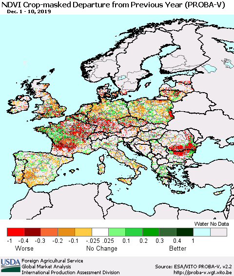 Europe NDVI Crop-masked Departure from Previous Year (PROBA-V) Thematic Map For 12/1/2019 - 12/10/2019