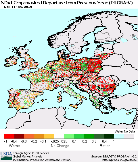 Europe NDVI Crop-masked Departure from Previous Year (PROBA-V) Thematic Map For 12/11/2019 - 12/20/2019